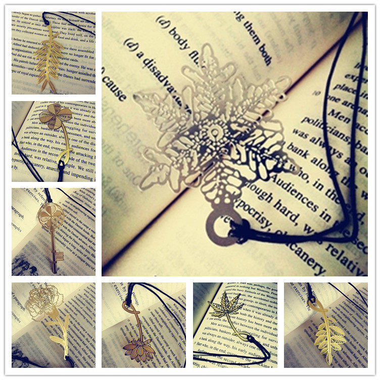 (Flower painting) Korean four-leaf clover snowflake carnation leather rope brass gold metal bookmark) 8 multiple choices