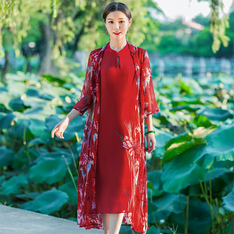 Huachu Classics 100 Hitch Sun Protection Outside The Summer Fashion New China Wind Leisure Retro Genuine Silk Qipao Outside