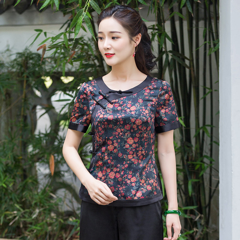 Huayuan Classic 2021 Summer new daily improvement round collar elegant and slim fit Chinese Tang dress qipao blouses