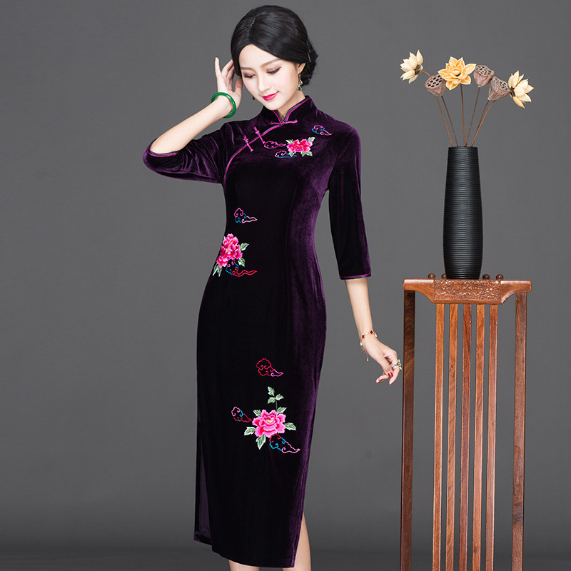 Chinese classic temperament lady's cheongsam mid-length version slim slim noble mother banquet wedding dress cheongsam women
