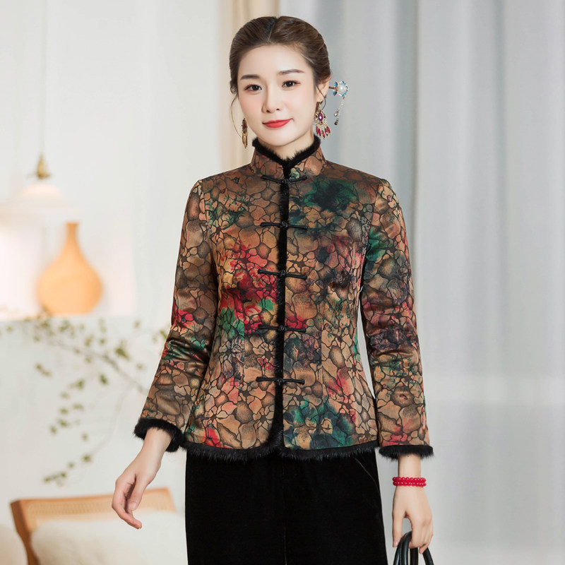 Chinese classic pair of brooded cotton qipao short cotton clothes autumn and winter new everyday elegant and thin thickened lady Tang dress blouses