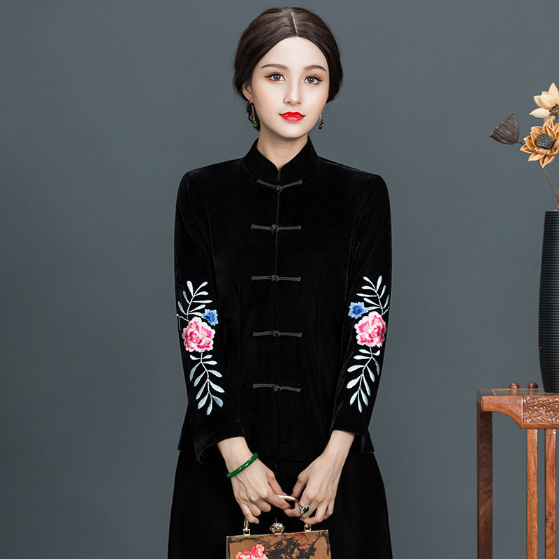 Huachu Classic Gold Velvet Tang Dress Blouse Lady Chinese Retro Embroidery to the Stretched Thin Lady Great Size size Fall New