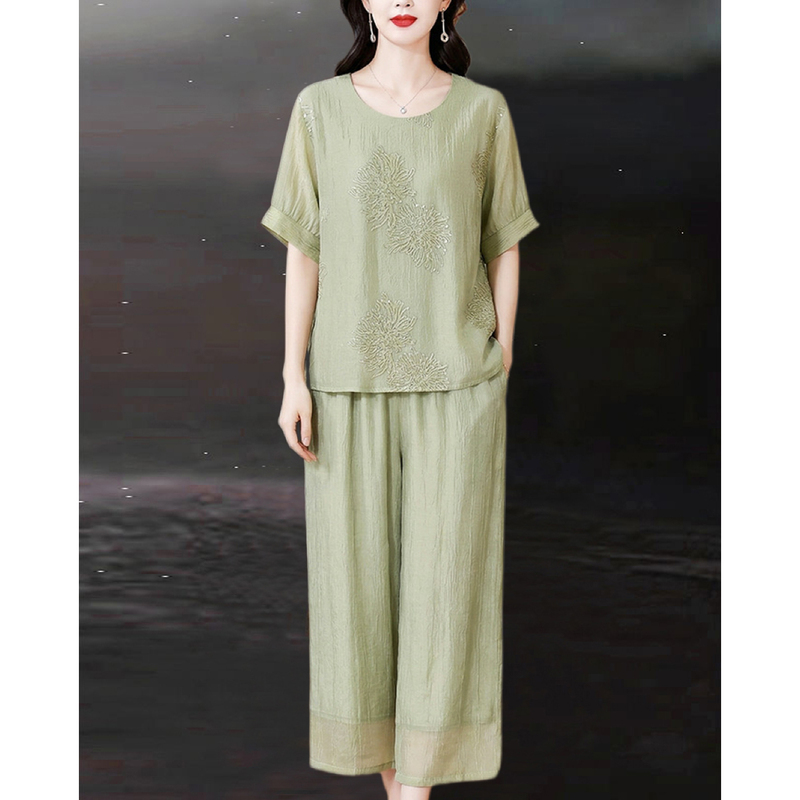 New Chinese-Style Cotton and Linen Set for Women, Summer Outfit with a National Style, Fashionable Top and Ramie Wide-Leg Pants for Middle-Aged and Elderly Women, Two-Piece Set