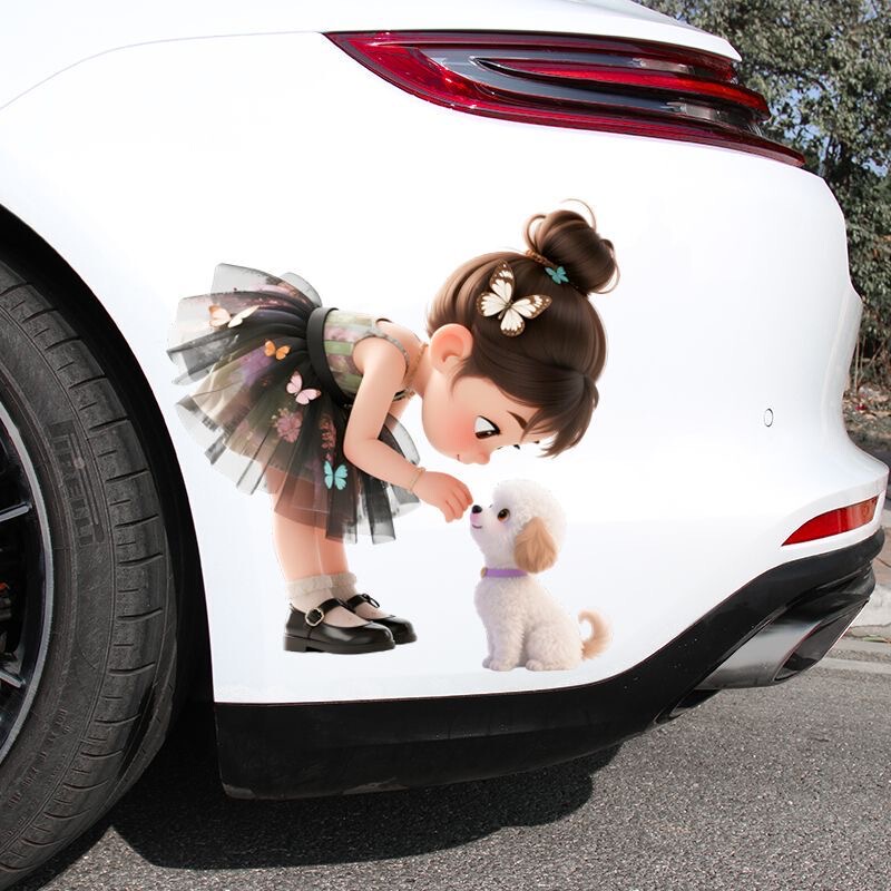 Cute Girl with Puppy Car Sticker Scratch Cover for Electric Vehicle Motorcycle Body Decoration Car Window Luggage