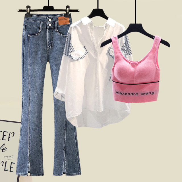 Salt style high-end suit spring style loose shirt vest jeans Korean drama outfit petite three-piece suit