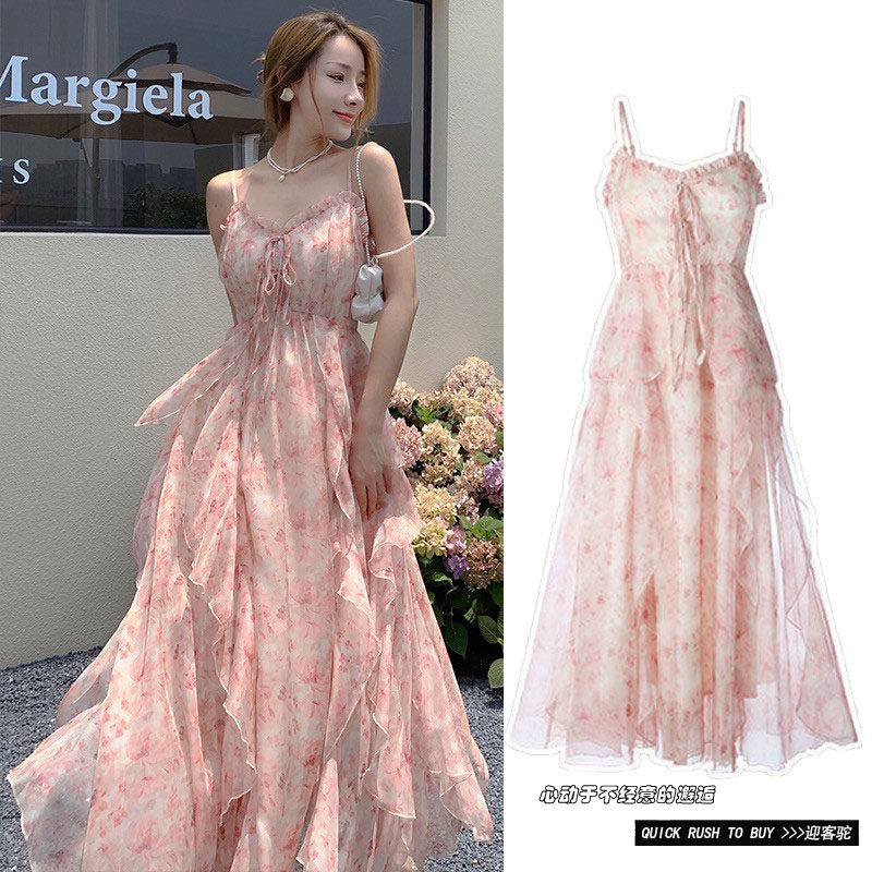 新作サマーレディースドレス、スリムに見せてセクシーなロングドレス、高級感のあるサスペンダードレス、上質な雰囲気のレディースドレス。