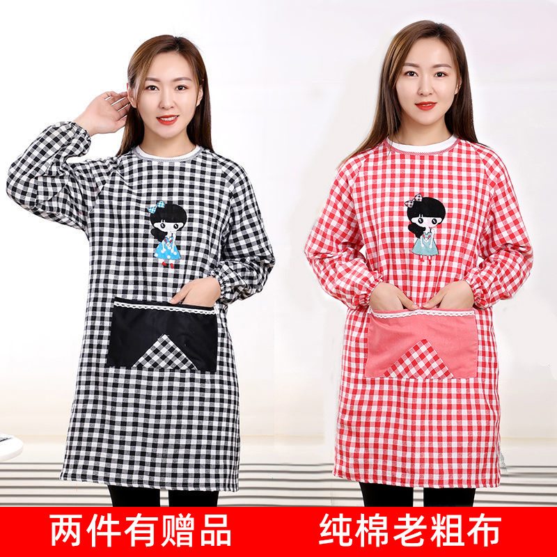 Kitchen Pure Cotton Apron Long-Sleeve Smock Reverse-Wear Workwear Free Shipping Oil-Proof Korean Style Fashionable Adult Unisex Workwear