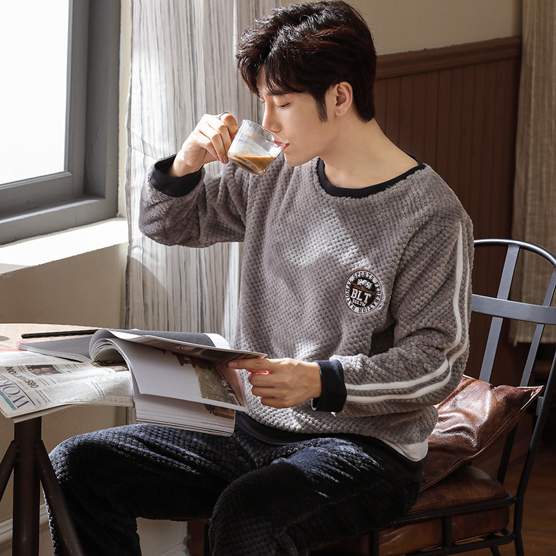 Coral velvet pajamas men's autumn and winter thickening and velvet warm long-sleeved youth round neck flannel homewear suit