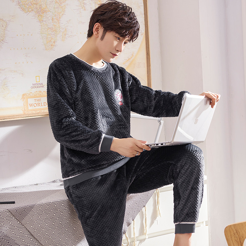 Pajamas men's winter thickening and velvet coral velvet autumn and winter men's flannel youth men's home wear suit pullover