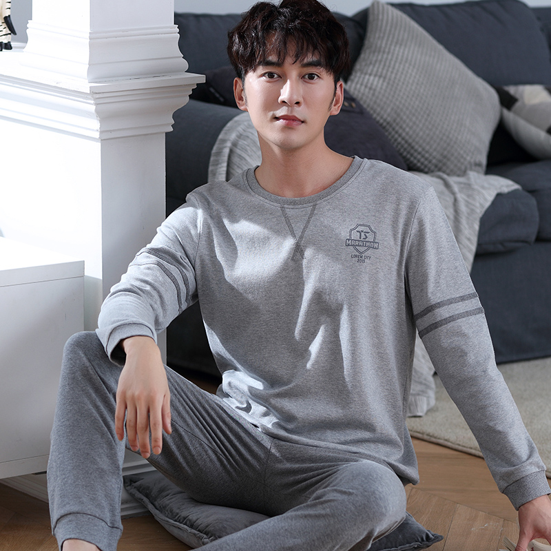 Men's pajamas cotton long-sleeved spring and autumn pullover cotton spring and autumn thin section youth home wear men's suit sports