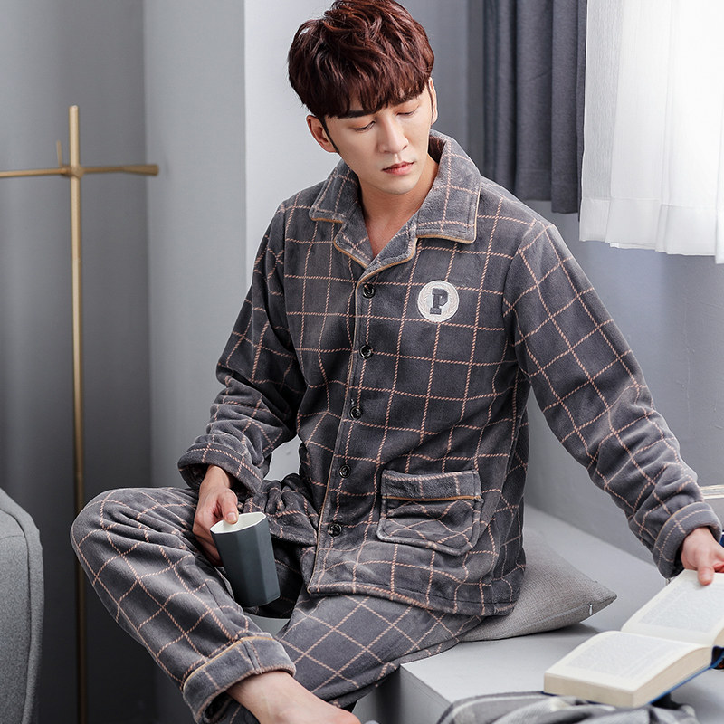 Men's pajamas men's winter thickening and velvet youth coral fleece homewear large size suit autumn and winter men's flannel