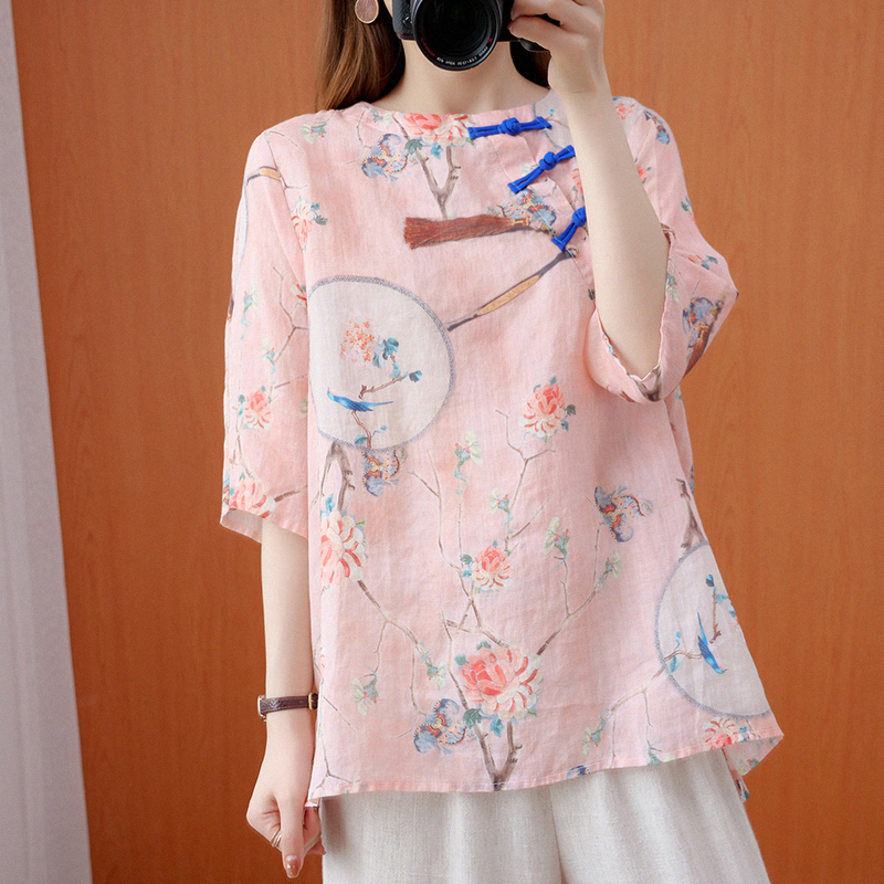 Art China Wind printed disc buckle Hemp Blouse Women Summer Thin loose Short sleeves Cotton Hemp Crushed linen shirt