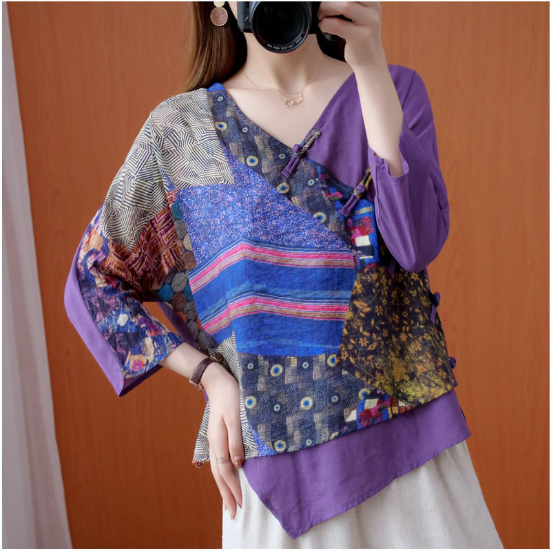 Irregular fake two pieces retro printed diagonal flap Hemp Disc Buckle Shirt Art 70% sleeves Linen cotton blouse Women Summer