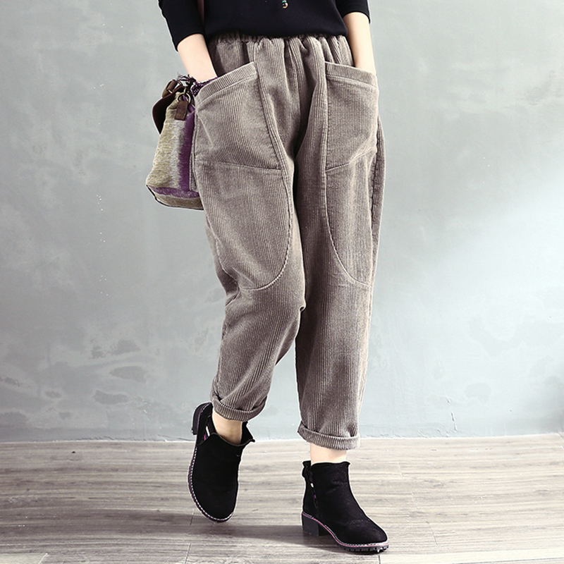 Spring and Autumn Corduroy Haren pants women's large size loose casual pants retro striated robe pants thick thin pants