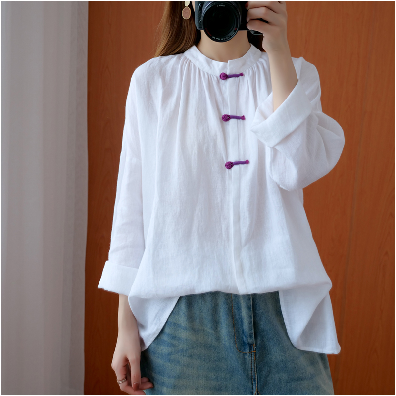 Fall Art Retro Numb shirt woman long sleeve cardiovert Chinese style Republic of China Wind disc buckle loose cotton linen jacket tea suit