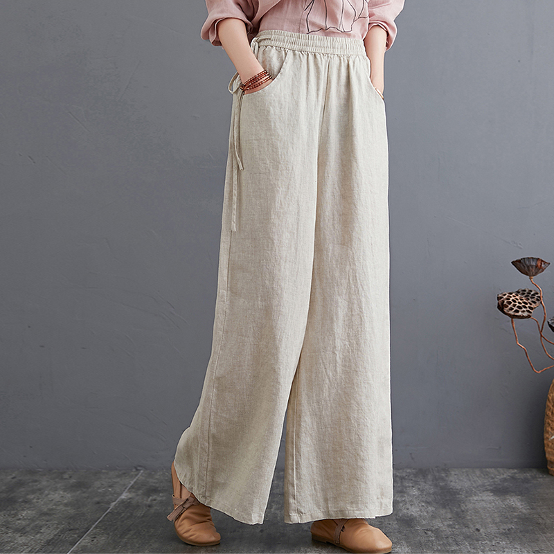 Pituitary Broadlegged Pants Woman Fall New High Waist Cotton Linen Pants Casual Loose 100 Hitch Linen Straight Drum Mopping Pants