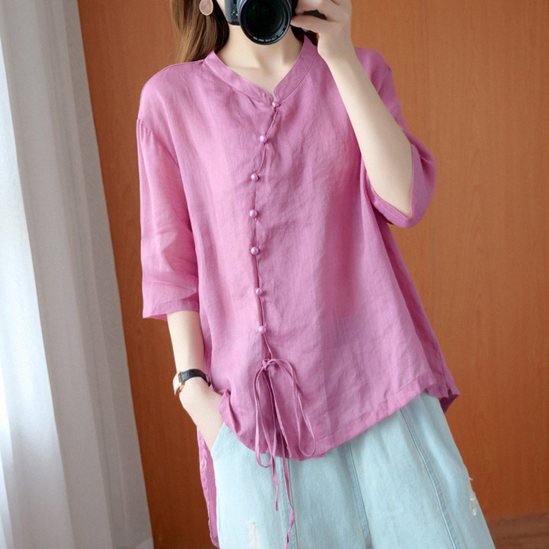 Literary Chinese style slanted short sleeve hemp coat female summer loose thin irregular linen shirt cotton linen T-shirt