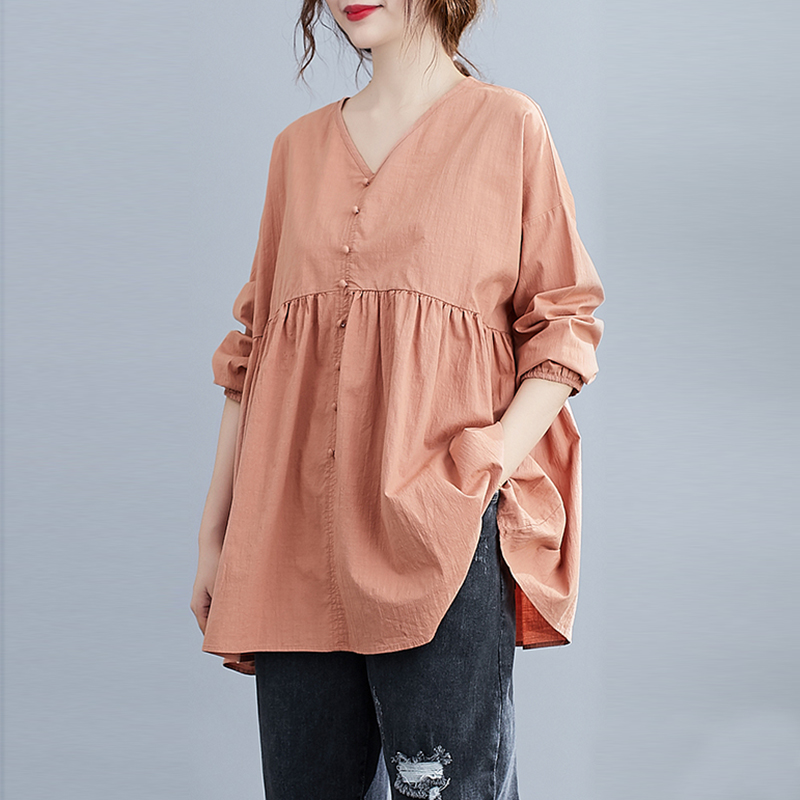 Literary leisure loose large size cotton and linen V-neck shirt women's autumn Korean version age-reducing doll shirt long-sleeved linen top