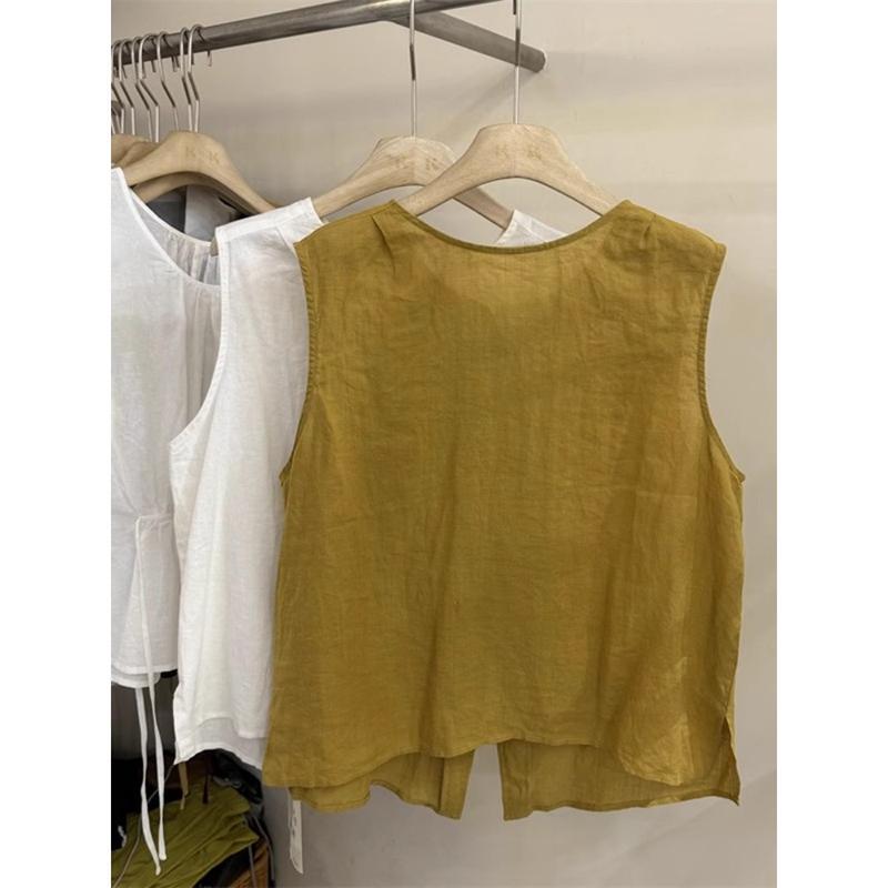 Zimuoqinghe~ Sleeveless Shirt for Women, Loose Fit, Irregular Slit, Japanese Style, Cotton and Linen Vest, T-Shirt Top