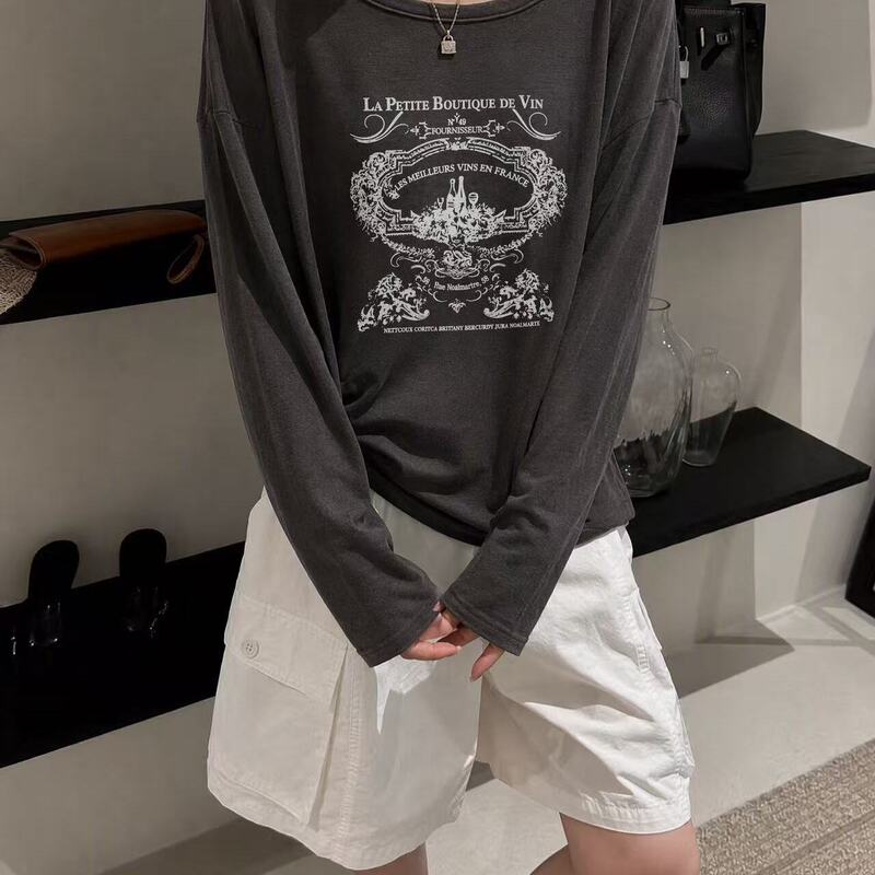 Nova-Versatile Letter-Printed One-Shoulder Wide-Neck Long-Sleeved T-Shirt (Without Necklace)Fz262692 Nova-Versatile Letter-Printed One-Shoulder Wide-Neck Long-Sleeved T-Shirt (Without Necklace)Fz262692