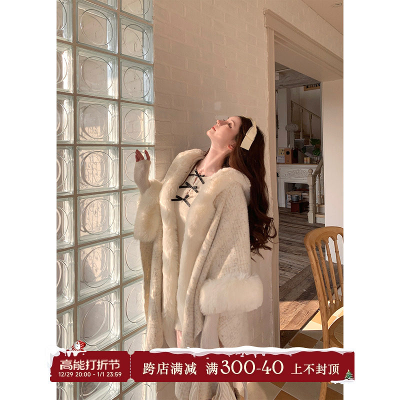 Catyearls cat year with fragrant Picasso ~ shawl rabbit fur collar jacket woman sweet and temperament white cloak coat-Taobao