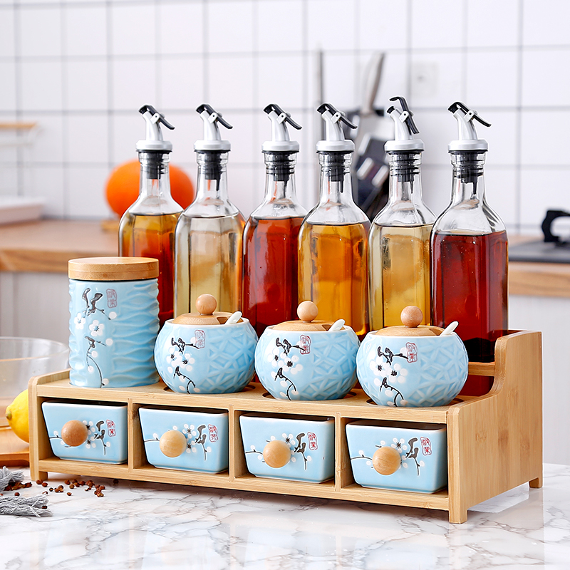 Ceramic condiment boxed set household spice rack oil salt pot sealing glass kitchen shelf