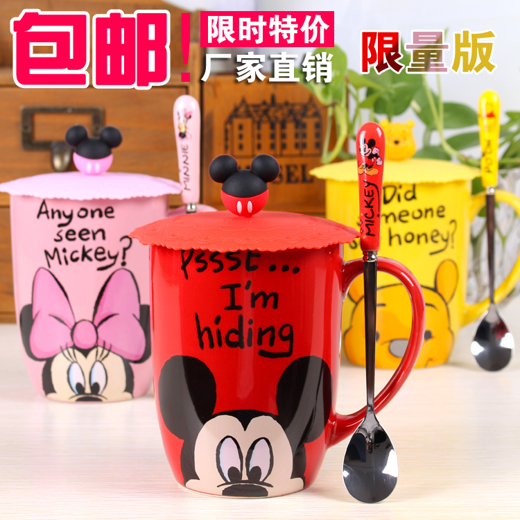 Disney mickey Minnie cylindrical cup need.but the pooh picking ceramic cup for cup gift milk coffee with a spoon