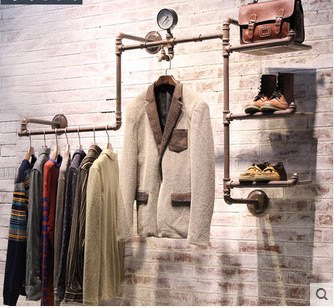 Doing old vintage solid wood pipe clothing display iron wall hanger shoe and bag shelves on wall of island rack