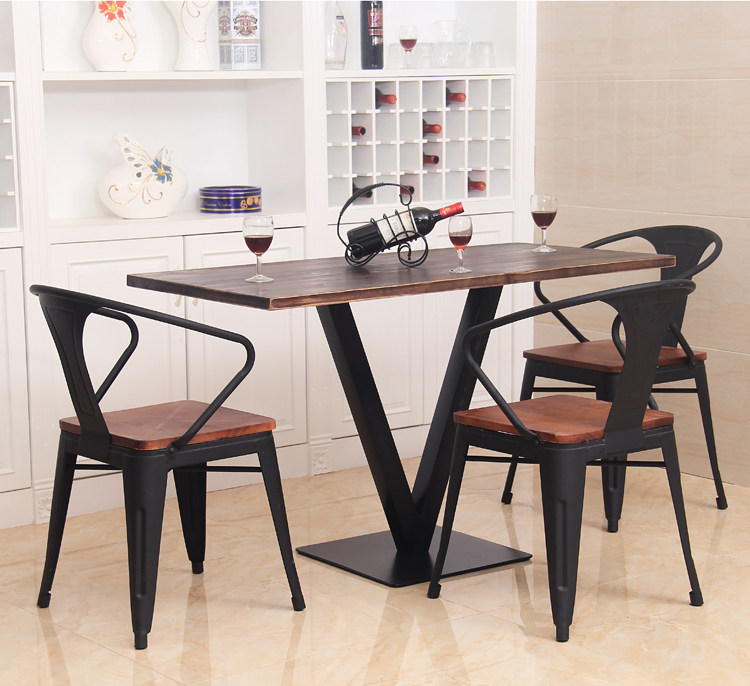 Solid Wood Iron Art Dining Table And Chairs Combined Coffee Room Milk Tea Shop Tea Restaurant Dining Table And Chairs Suit Casual Dining Table Leaning Back Chairs