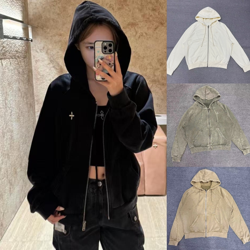 In-Stock Sk Wild Retro Loose-Fit Sports Zip-Up Hoodie Washed Vintage Pure Cotton Hooded Jacket