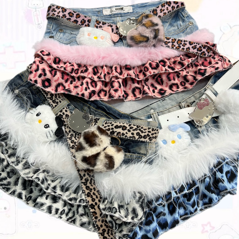 Original Y2K Vintage Hot Girl Low-Waisted Leopard Print Patchwork Kitty Cute Autumn and Winter Handmade Cake Skirt