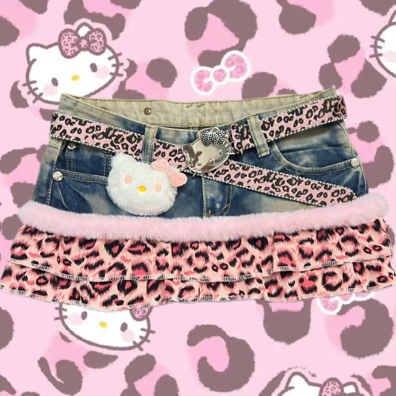 Y2K Low-Waisted Slimming Hot Girl Original Handmade Pink Kitty Leopard Print Cute Patchwork Short Skirt Autumn and Winter Shorts Y2K Low-Waisted Slimming Hot Girl Original Handmade Pink Kitty Leopard Print Cute Patchwork Short Skirt Autumn and Winter Shorts