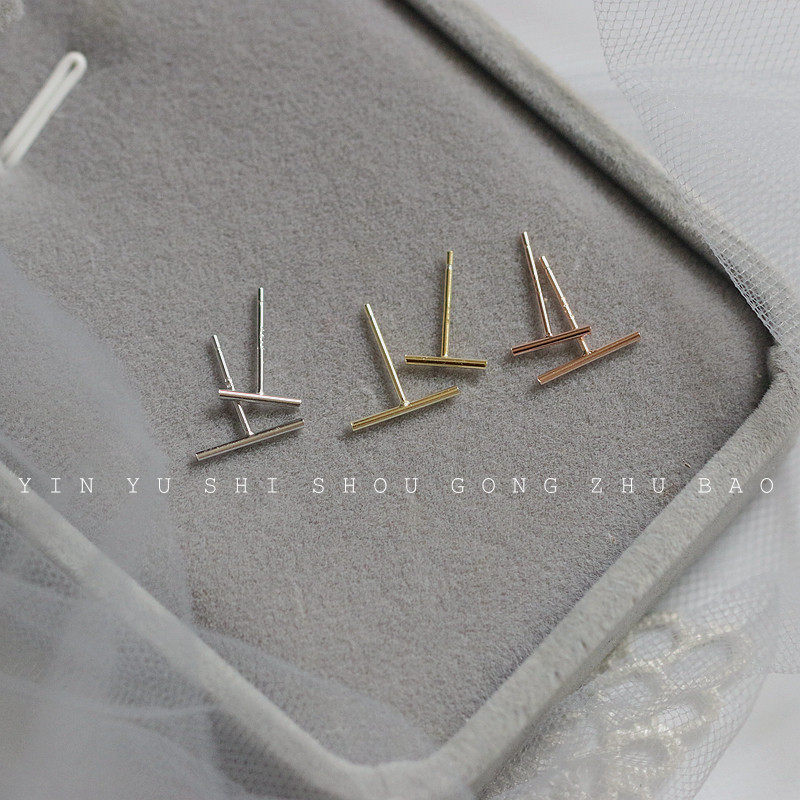 Minimalist sleeping free 18k rose gold asymmetric T-shaped earrings 925 sterling silver plated 14k gold all-match one-word ear pins