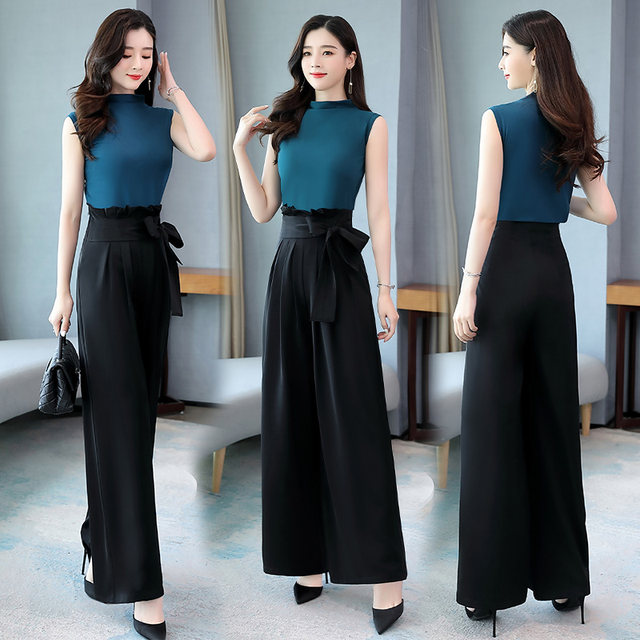 Fashionable wide-leg pants suit women 2022 summer new trendy western style age-reducing slim chiffon skirt pants two-piece trendy