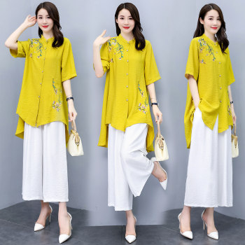 Ethnic style wide-leg pants suit women 2022 summer new retro embroidery loose slim cotton linen skirt pants two-piece set