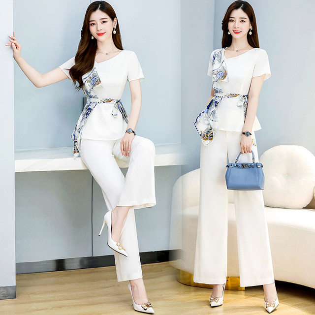 Professional suit women's summer 2022 new fashion high-end European goods temperament goddess fan thin section wide-leg pants two-piece set