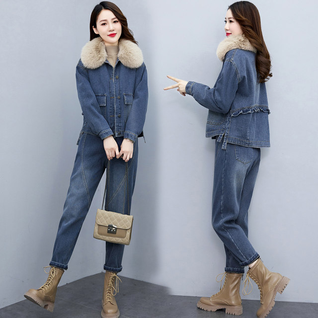 European denim suit women plus velvet thickened 2022 winter new casual fashion tooling cotton padded two-piece suit