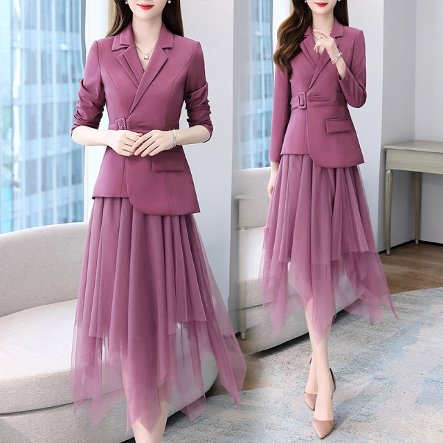 High-end professional suit suit female 2023 spring new fashion temperament goddess Fan mesh skirt two-piece set