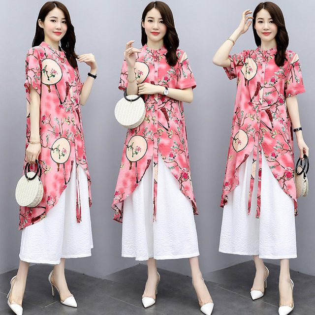 Retro ethnic style improved cheongsam dress suit women's summer 2022 new Chinese style wide-leg pants two-piece set