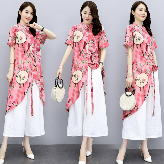 Retro ethnic style improved cheongsam dress suit women's summer 2022 new Chinese style wide-leg pants two-piece set