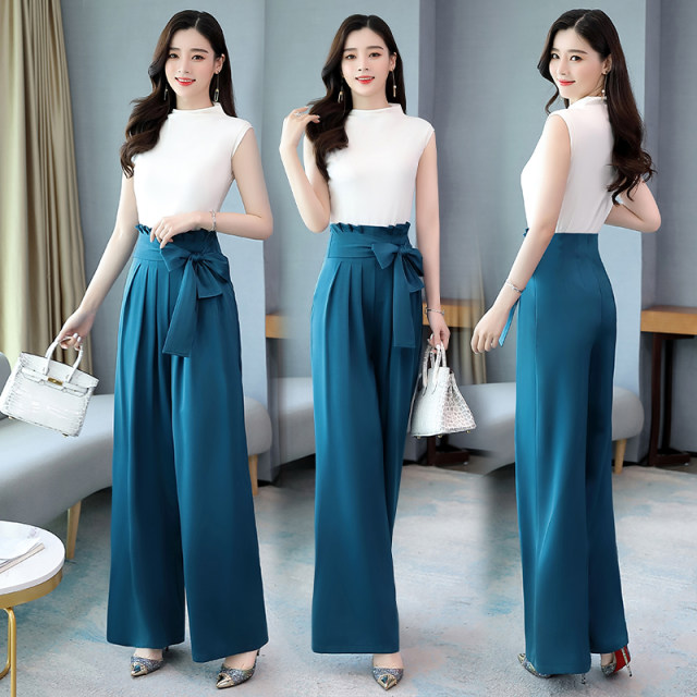 Fashionable wide-leg pants suit women 2022 summer new trendy western style age-reducing slim chiffon skirt pants two-piece trendy