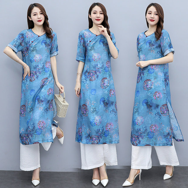 Ethnic style women's suit 2022 summer new retro Chinese style culottes cover belly and show thin wide-leg pants two-piece set