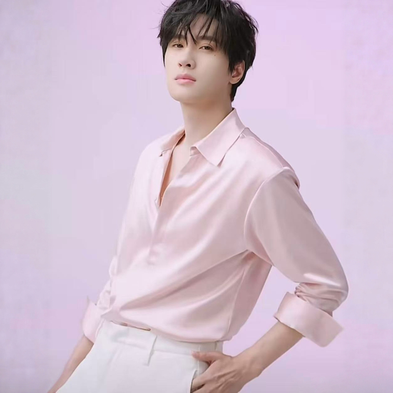 Zhanxuan Same Style』Pink Long-Sleeved Shirt Suit for Spring and Autumn, Casual and High-End Men's Satin American-Style Shirt Trend