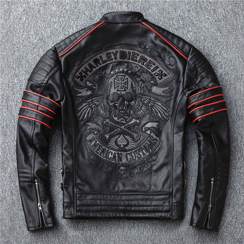Harley Motorcycle Embroidered Skull Leather Jacket Men's Short Leather Jacket Motorcycle Riding Jacket