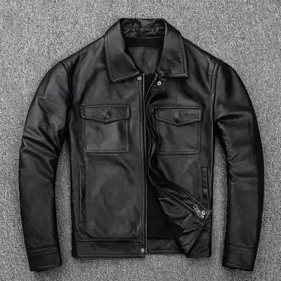 American casual Amika top layer cowhide leather leather leather men Slim motorcycle leather jacket lapel coat thickened