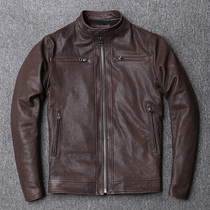 Pickup Italian oil wax vegetable tanned tree leather leather leather mens motorcycle stand collar short leather jacket