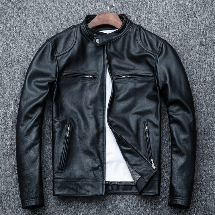Autumn clearance leather leather jacket first layer cowhide jacket Motorcycle suit Slim stand collar short men's sheepskin jacket