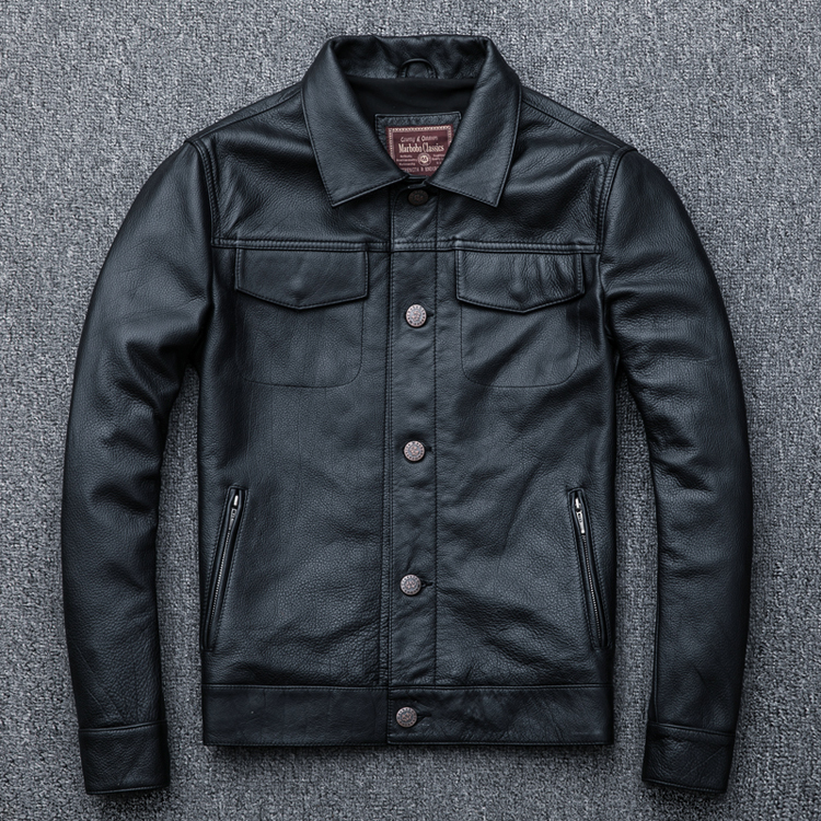 Da da denim hàng đầu Đàn ông da ngắn da đầu tiên lớp da bò đầu máy áo khoác da trẻ trung áo khoác phao nam