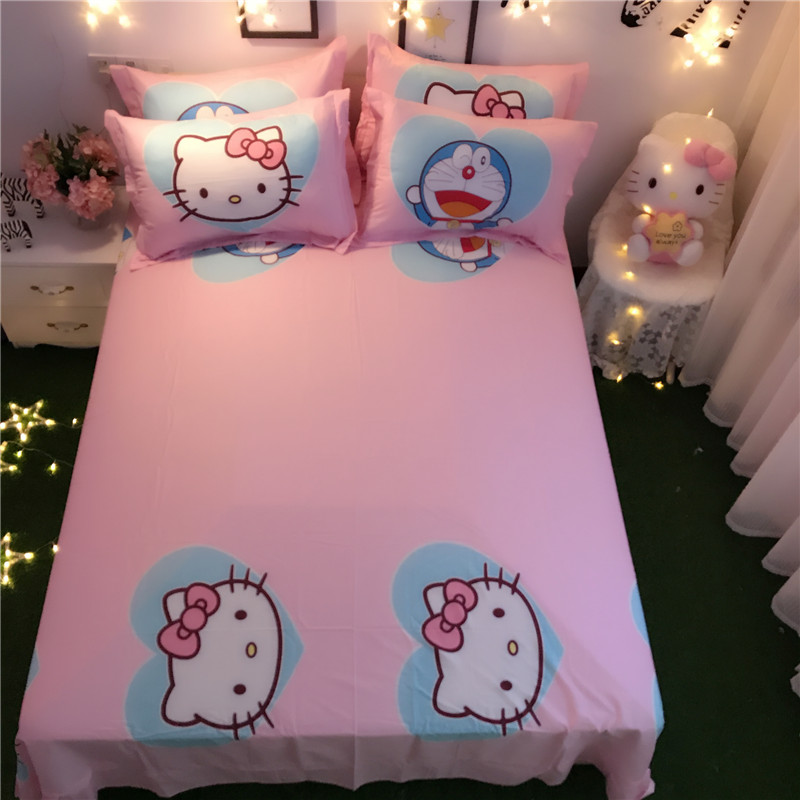 Cartoon hello kitty KT bông denim Hello Kitty cô gái công chúa gió giường bông bốn bộ của ba đứa con - Bộ đồ giường bốn mảnh bộ drap giường