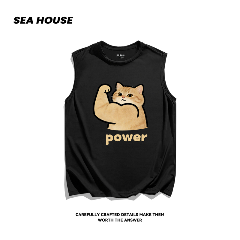 【Power Gold Gradient】Quick-Drying Loose-Fitting Summer Ice Silk Cool-Feeling Cat Sleeveless T-Shirt